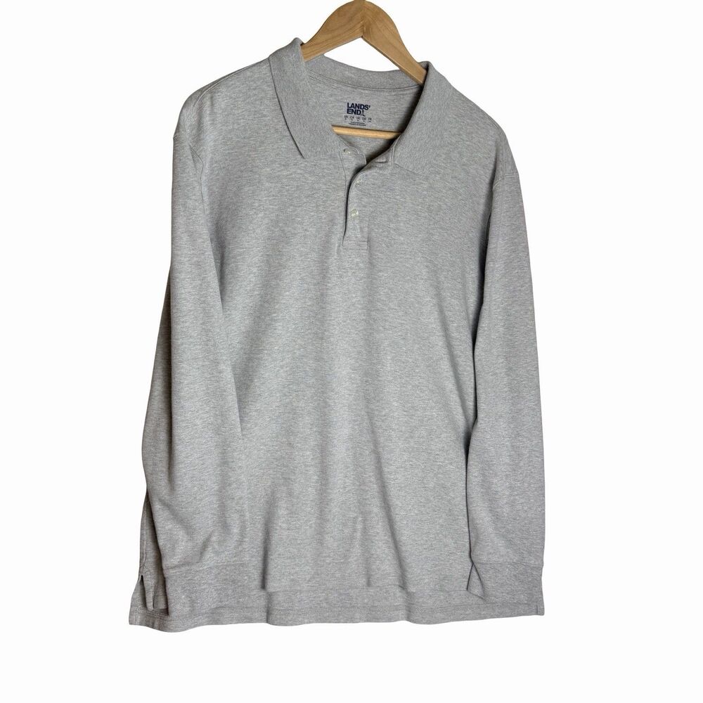 Lands End Long Sleeve Polo Shirt Men's XL Heathered Gray OEKO-TEX Cotton Soft!